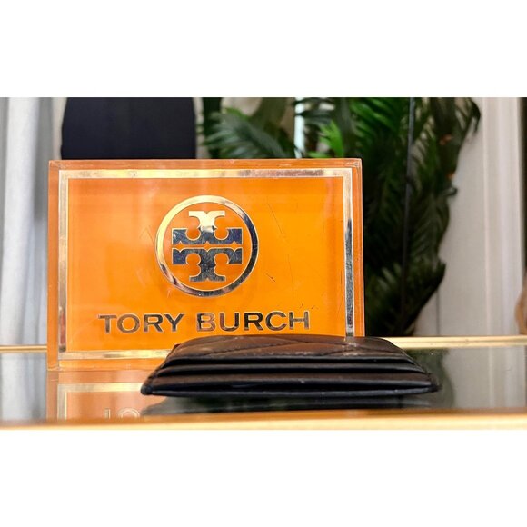 Tory Burch Black Quilted Leather Cardholder Wallet With Gold Logo Accent - Picture 2 of 8